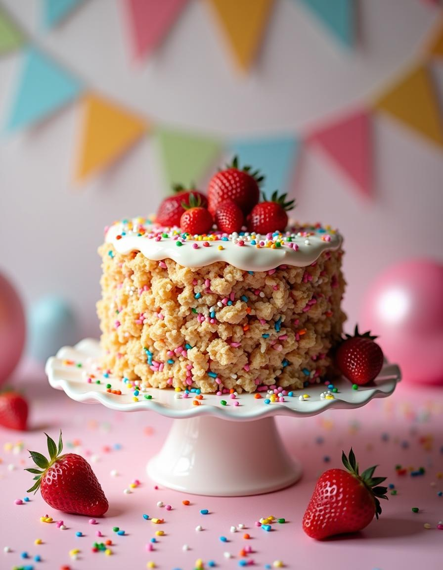 A round Strawberry Crunch Cake with a golden, crumbly topping, layered with vanilla and strawberry cake, decorated with fresh strawberries and a drizzle of strawberry sauce on a white cake stand