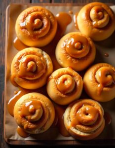A close-up view of golden-brown caramel rolls with a glossy, sticky caramel glaze drizzled on top, showing the soft and fluffy texture of the dough.