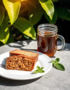 Freshly baked cinnamon banana bread with a golden-brown crust, sliced to show its soft, moist texture inside.
