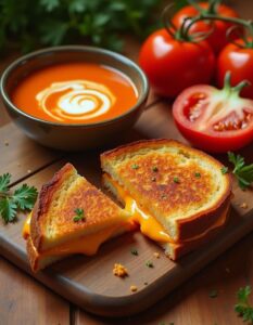 A golden grilled cheese sandwich with melted cheese, served alongside a bowl of rich tomato soup with a swirl of cream