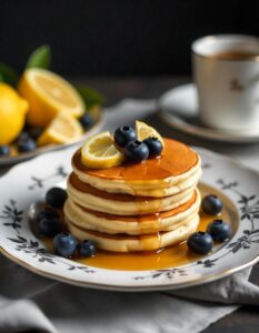 A stack of golden-brown lemon blueberry pancakes, drizzled with maple syrup and topped with fresh blueberries, lemon slices, and a sprig of mint. The pancakes are served on a white ceramic plate with a side of extra blueberries and melting butter, set on a rustic wooden table with a linen napkin and a cup of coffee in the background.