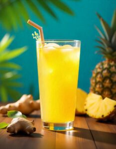 A tall glass of golden-yellow pineapple ginger juice with visible pineapple pulp and grated ginger, sitting on a wooden table. Condensation droplets cover the glass, and the background features sliced pineapples, fresh ginger roots, and green leaves, creating a tropical and refreshing vibe."