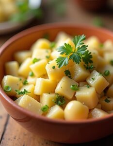 A fresh bowl of creamy potato salad with chopped potatoes, hard-boiled eggs, and a sprinkle of parsley, served on a rustic wooden table