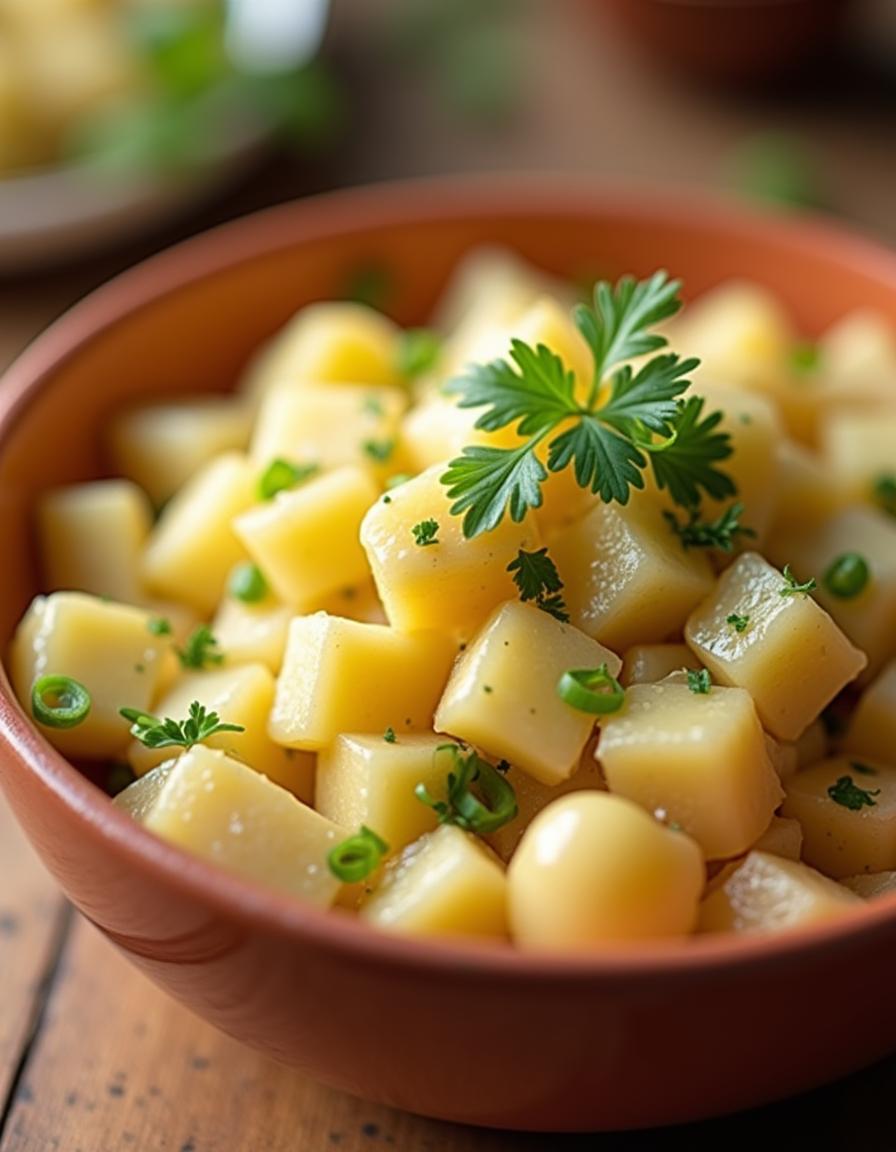 A fresh bowl of creamy potato salad with chopped potatoes, hard-boiled eggs, and a sprinkle of parsley, served on a rustic wooden table