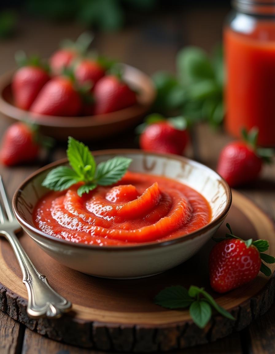 A smooth, vibrant red strawberry puree in a small glass bowl, with a spoon resting beside it and fresh strawberries scattered around