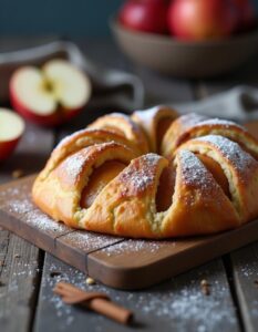 A plate of golden apple puff pastry, oozing with cinnamon-spiced apples, and topped with a light dusting of powdered sugar, perfect for a sweet treat.