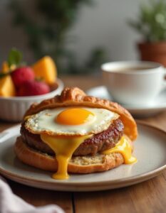 Close-up of a sausage, egg, and cheese croissant with melted cheese oozing from the layers, accompanied by coffee and hash browns