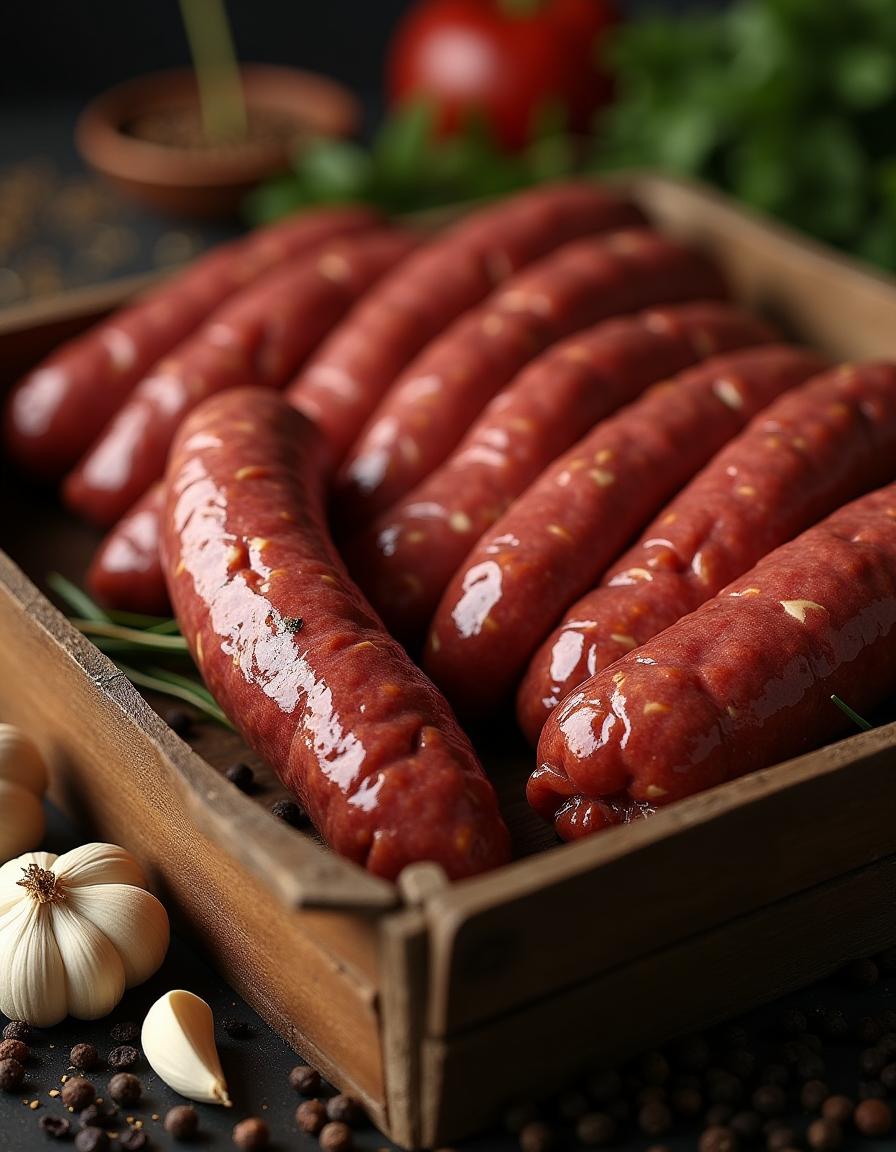 A smoked beef sausage with a deep brown color, sliced into rounds on a wooden cutting board