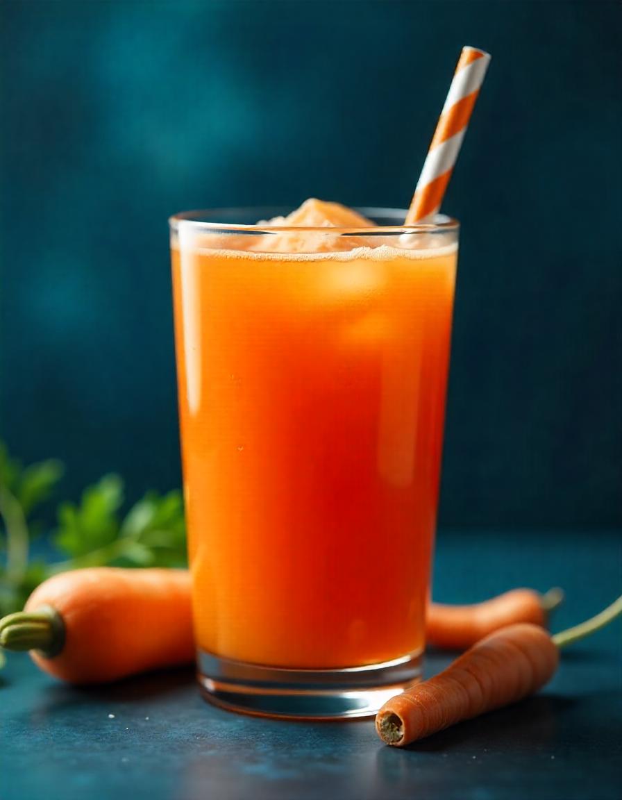 "Close-up of a refreshing glass of carrot juice, with a smooth texture and a bright orange hue, served with a straw."