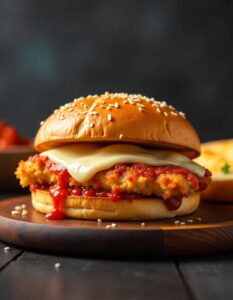 Classic Chicken Parmesan sandwich with a crispy chicken fillet, gooey cheese, and rich tomato sauce served on a toasted Italian roll