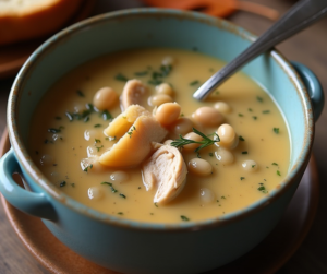 A cozy serving of Chicken and White Bean Soup in a rustic ceramic bowl, with a silver spoon resting on the edge, surrounded by crusty artisan bread on a wooden table, warm lighting, autumn setting.