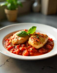 A serving of tender chicken simmered in rich tomato sauce, garnished with fresh basil leaves.