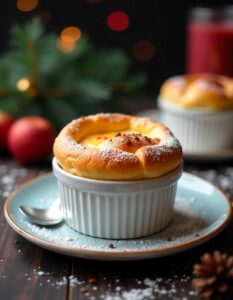 "A golden, fluffy classic egg soufflé rising in a ramekin, with a delicate golden crust."