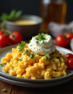 A wholesome breakfast with scrambled eggs and a generous serving of cottage cheese, complemented by fresh herbs and vibrant cherry tomatoes.