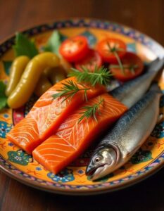 A fresh, raw fillet of fatty fish like salmon or mackerel, showcasing its vibrant pink-orange flesh and glossy texture, placed on a plate with and herbs."