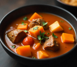 "A hearty bowl of flavorful goat stew with tender meat and vegetables."