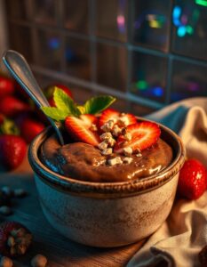 A bowl of chocolate protein pudding topped with fresh berries, sliced almonds, and a drizzle of honey, served with a spoon ready to dig in.