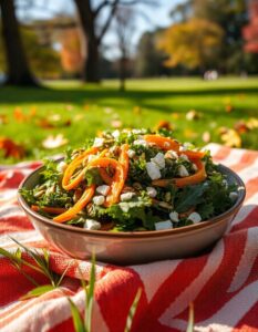 A bowl of kale crunch salad topped with grated carrots, toasted pumpkin seeds, and a sprinkle of feta cheese, served with a citrus dressing