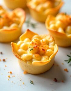"Individual macaroni and cheese cups, baked to golden perfection with a crispy cheese topping."