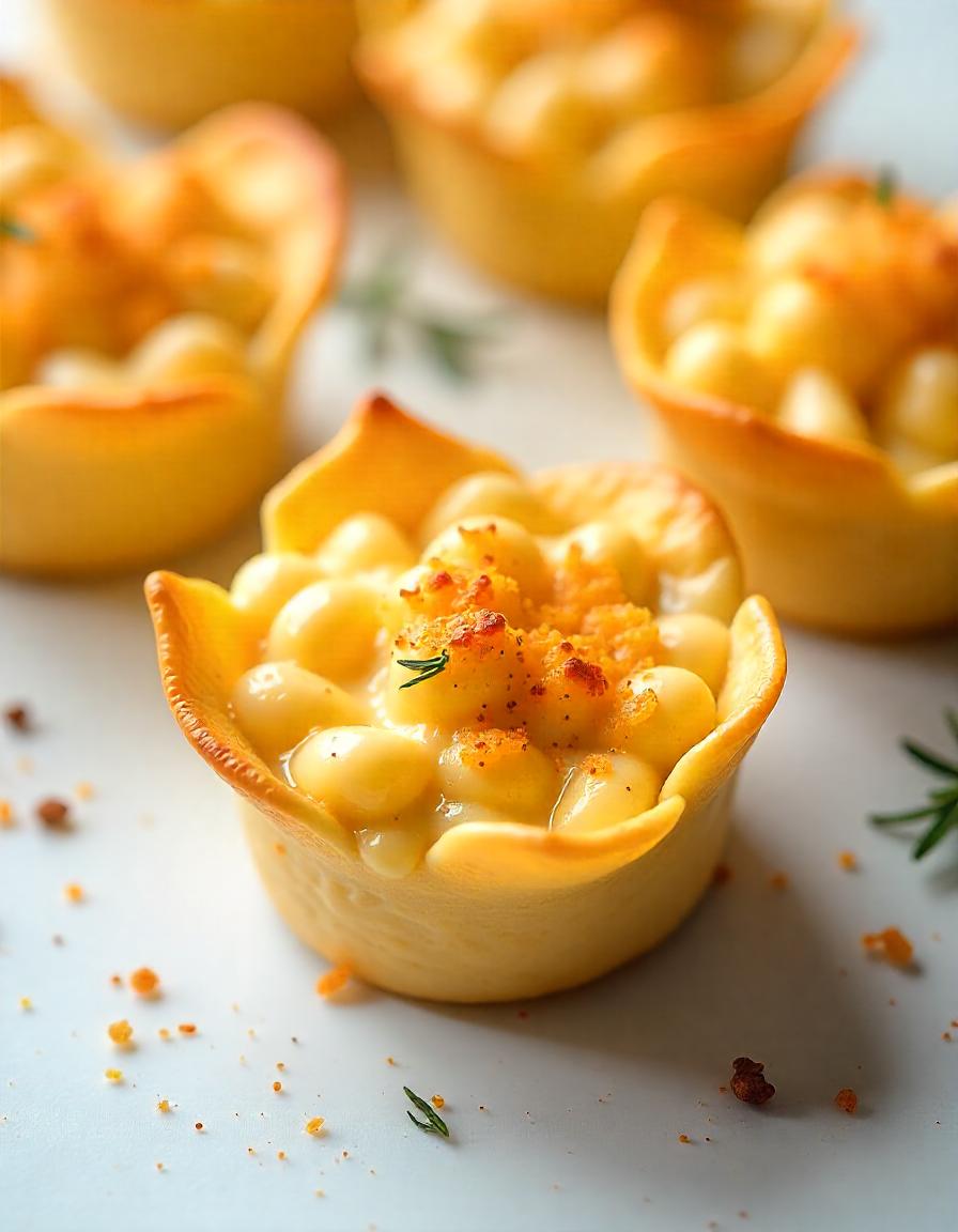 "Individual macaroni and cheese cups, baked to golden perfection with a crispy cheese topping."