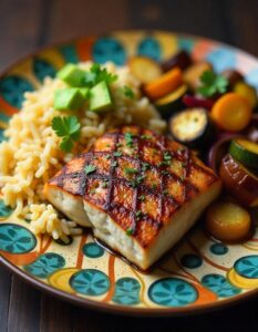 Grilled marlin fish fillets served with a fresh cilantro-lime rice and roasted vegetables on a plate