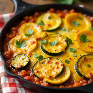 A skillet of golden-brown zucchini and Mexican squash with a blanket of melted Monterey Jack cheese, flavored with oregano and cayenne pepper, sprinkled with cilantro and parsley, set on a checkered kitchen towel.