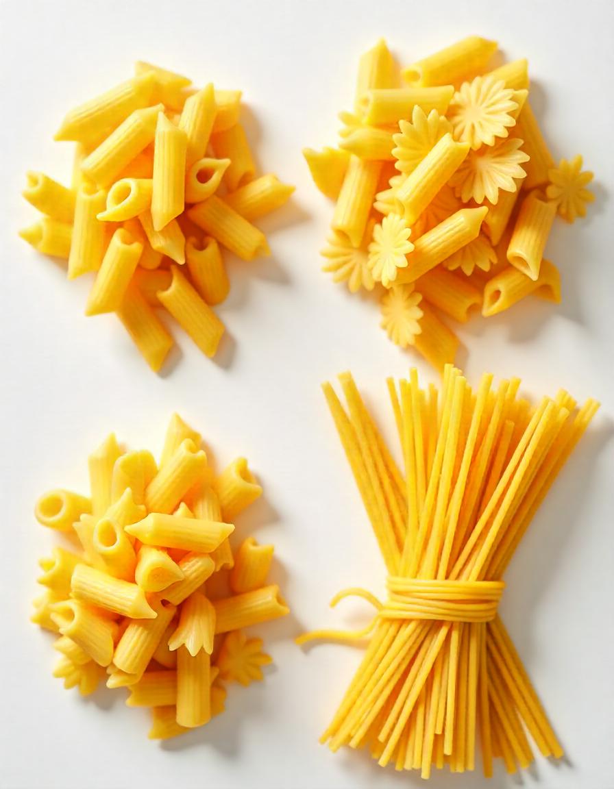 Assorted dry pasta types shapes, including penne, fusilli, farfalle, and spaghetti, arranged in separate piles on a white table.