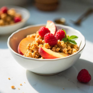 A white ceramic bowl filled with crunchy puffed quinoa granola, topped with sliced peaches, raspberries, and a sprig of mint, drizzled with wildflower honey,