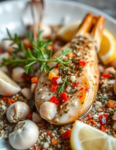 A plate of grilled fish topped with a flavorful seafood seasoning mix, garnished with fresh herbs