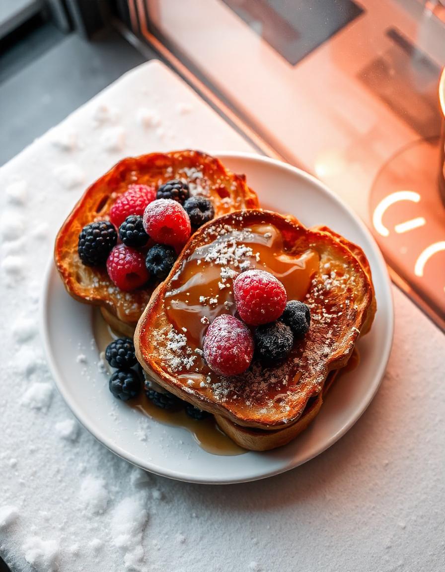 Golden, crispy sourdough French toast topped with fresh berries, a drizzle of syrup, and a dusting of powdered sugar on a white plate