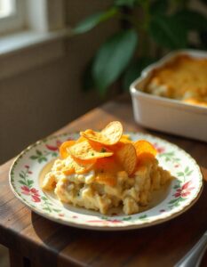 "A serving of tuna casserole topped with crispy potato chips, golden brown and ready to be enjoyed."