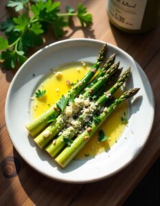 A serving plate of roasted white asparagus drizzled with olive oil, sprinkled with garlic and Parmesan, garnished with parsley.