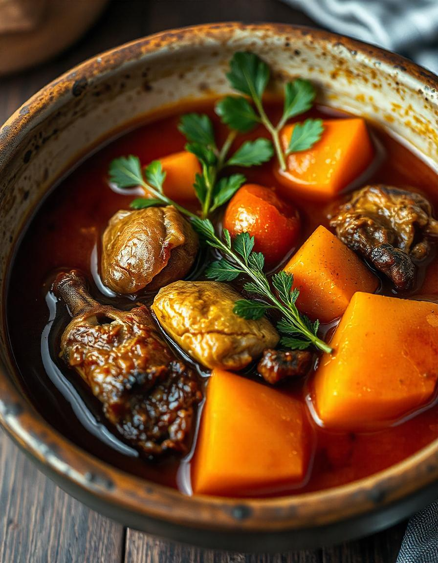 Close-up of black chicken stew featuring succulent chicken pieces, vibrant root vegetables, and a savory, aromatic broth in a rustic bowl