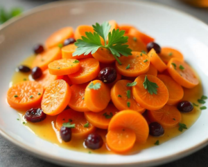 A colorful carrot and raisin salad with a sweet, velvety dressing, adorned with delicate parsley sprigs, arranged on a white ceramic plate in a modern, minimalist setting during autumn.