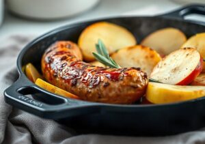 Juicy chicken apple sausage links, caramelized and glistening, garnished with fresh herbs