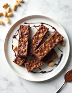 A plate of homemade chocolate peanut butter protein bars, garnished with crushed peanuts and a drizzle of chocolate, offering a delicious and healthy snack option.