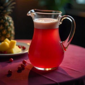 A vintage pitcher of cranberry and pineapple juice served in an antique glass with gold trim, presented on a velvet-covered table, dimly lit room, rainy night.