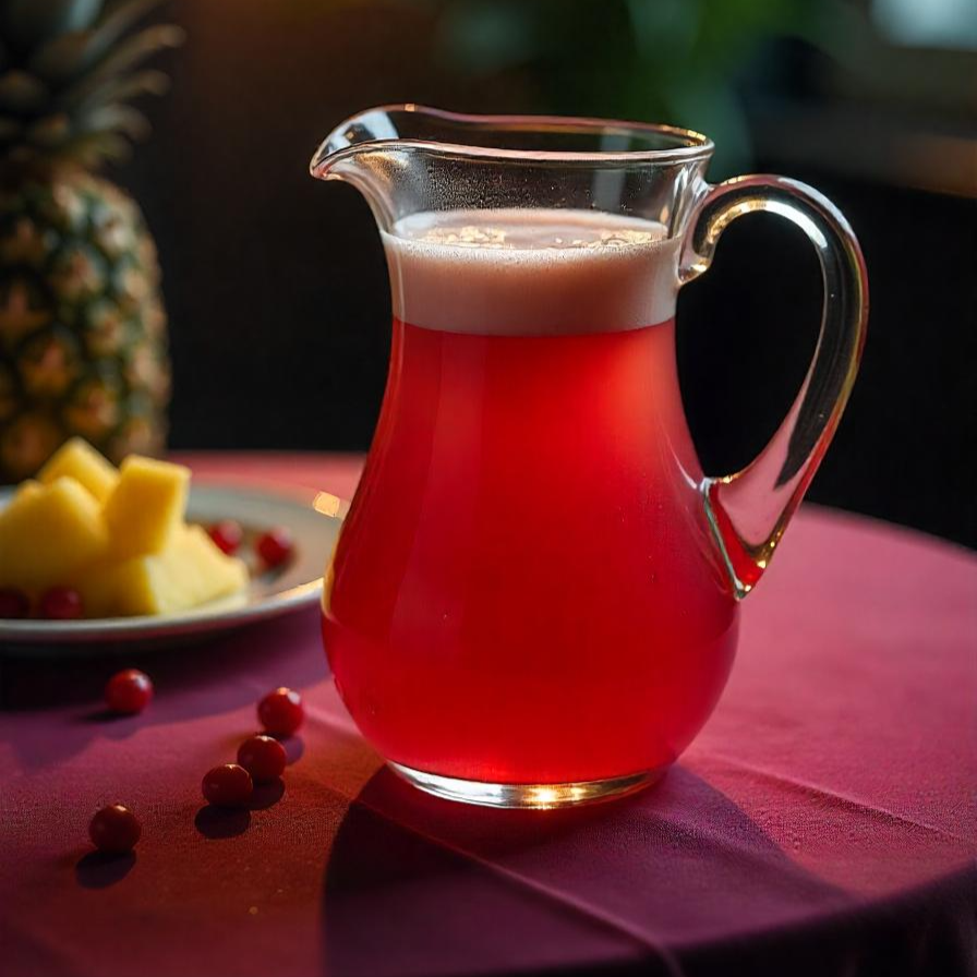 A vintage pitcher of cranberry and pineapple juice served in an antique glass with gold trim, presented on a velvet-covered table, dimly lit room, rainy night.