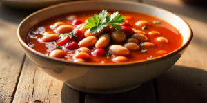 A rustic bowl of cranberry bean soup, featuring tender beans in a rich, savory broth, garnished with fresh Italian parsley, set on a weathered wooden table in a sunlit Tuscan kitchen during autumn.