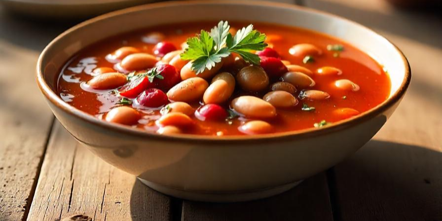 A rustic bowl of cranberry bean soup, featuring tender beans in a rich, savory broth, garnished with fresh Italian parsley, set on a weathered wooden table in a sunlit Tuscan kitchen during autumn.
