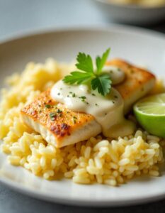 Close-up of tender fish served with fluffy rice, all smothered in a rich and creamy coconut sauce