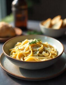 A bowl of creamy goat cheese pasta, perfectly coated in a luscious sauce, with a sprinkle of Parmesan and a touch of fresh thyme