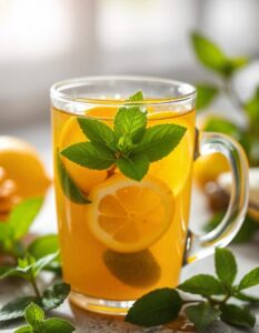 Close-up of honey citrus mint tea in a clear glass mug, showcasing vibrant yellow lemon slices, fresh green mint leaves, and golden honey swirls