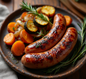 A vibrant dish of lamb sausage with roasted vegetables, showcasing juicy sausages served with tender roasted zucchini, onions, and sweet potatoes, garnished with fresh herbs.
