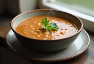 Close-up of a comforting lentils soup served in a rustic bowl, garnished with a delicate parsley garnish, with steam rising gently, positioned on a rustic stone windowsill on a rainy day.