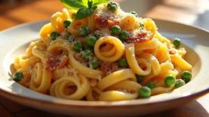 A vibrant bowl of pasta and peas, featuring fusilli pasta tossed with bright green peas, creamy parmesan sauce, and crispy pancetta, served on a rustic wooden table in a sunlit Italian trattoria, garnished with fresh basil leaves.