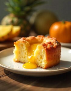 "Close-up of a freshly baked pineapple dump cake with a gooey pineapple filling and crispy topping."