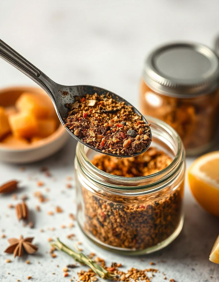 A rustic spoon scooping pizza seasoning from a jar, highlighting the aromatic blend of dried herbs and spices.