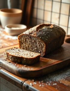 A sliced loaf of protein bread on a wooden cutting board, showcasing its dense texture and visible seeds like flax and sunflower, with a rustic kitchen background.