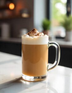 a mug of protein coffee with a creamy froth on top, perfect for an energizing morning boost.